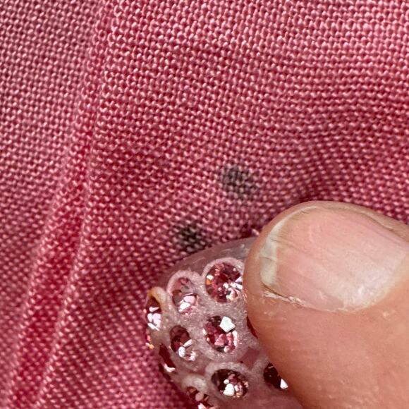 1950s Mode O’Day Pink Day Dress Pockets Lucite Rhinestone Buttons 33” Waist VNTG - Picture 14 of 16